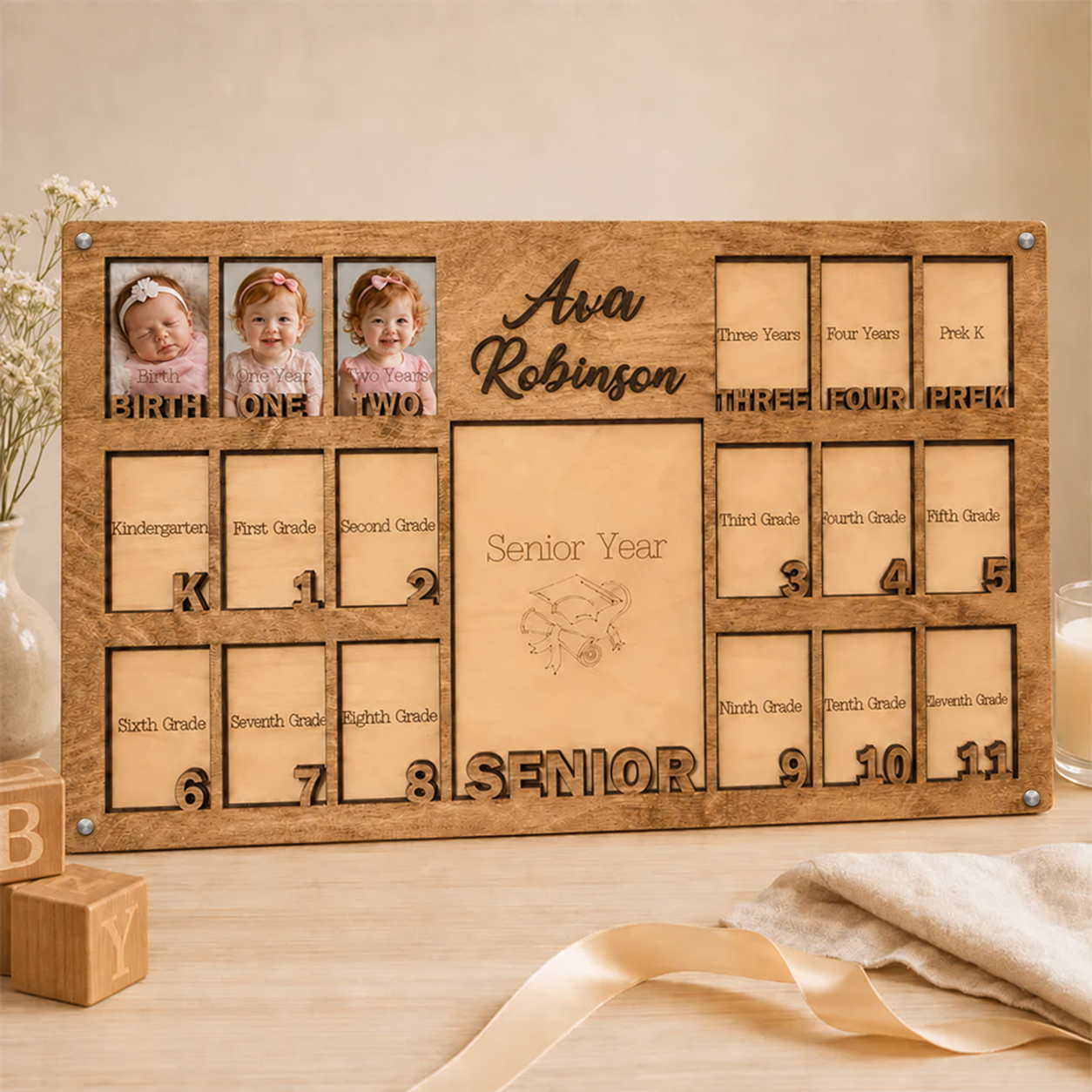 🌿 Personalized Birth-to-Senior School Years Photo Frame | Custom Name  Childhood Growth Keepsake