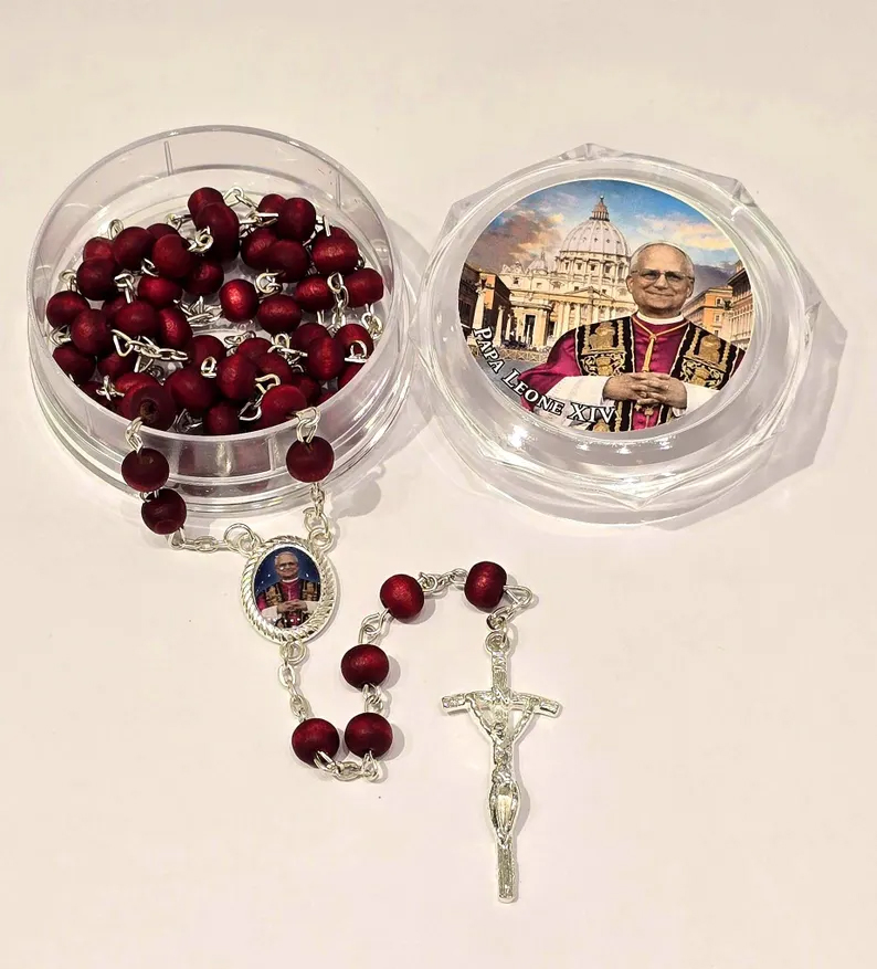 Pope Leo XIV Red Rose Petals Scented Wooden Rosary