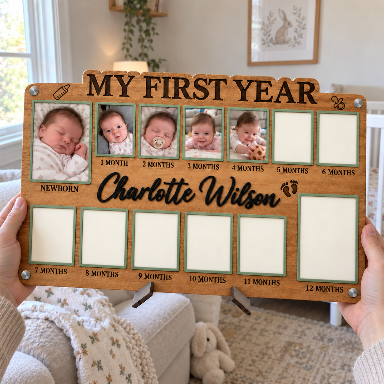 🌱Personalized Baby’s First Year Photo Frame | Custom Name Milestone Collage for Newborn to 12 Months