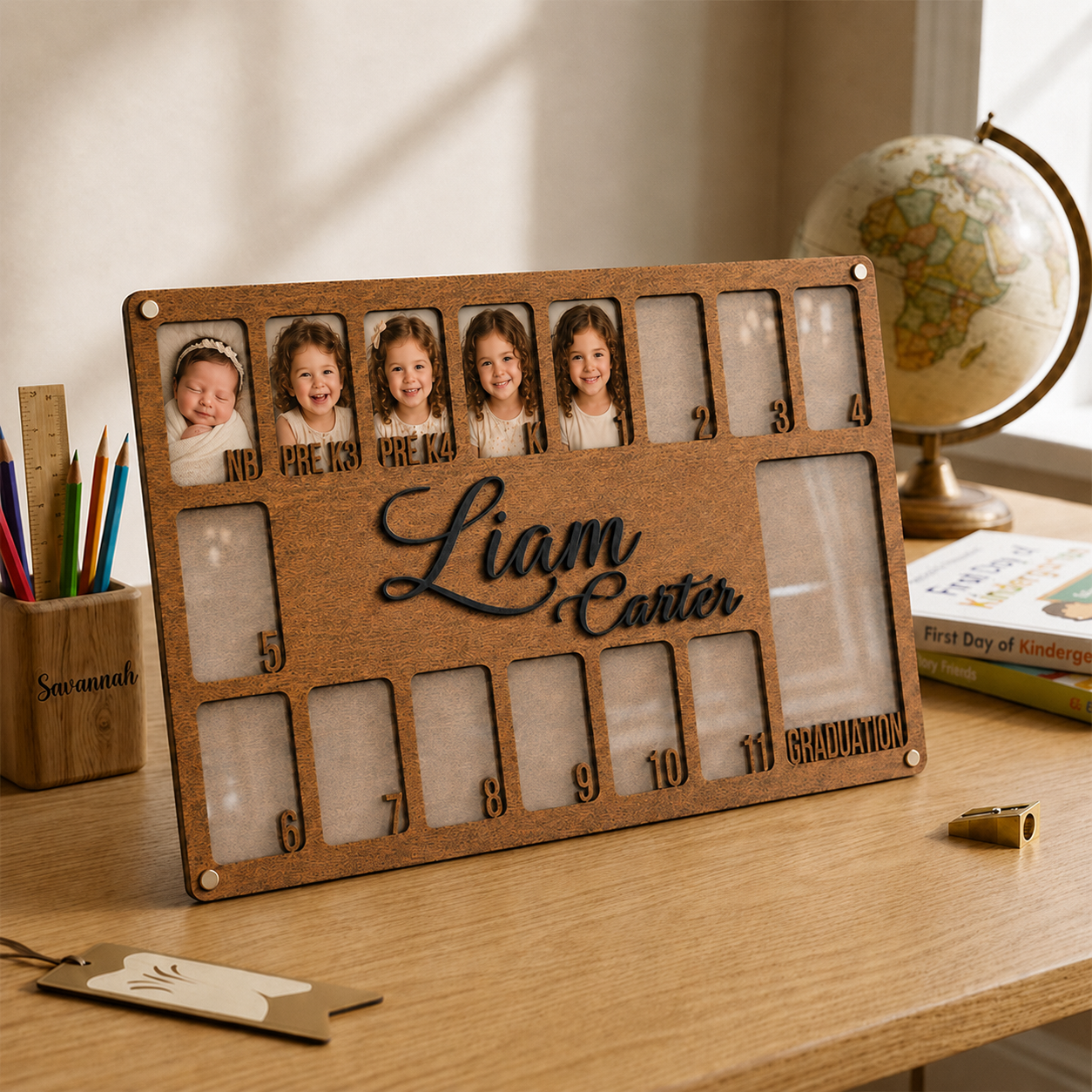 🌿 Personalized Newborn to Graduation School Years Photo Frame | Custom Wooden Kids Growth Picture Frame with Name