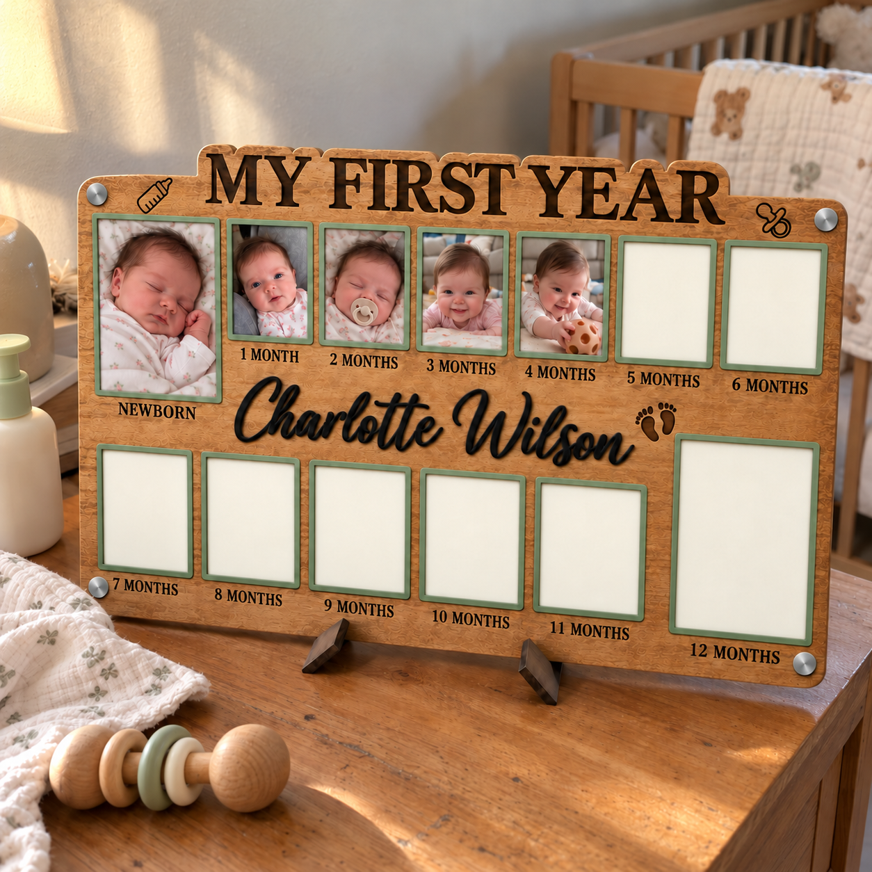 🌱Personalized Baby’s First Year Photo Frame | Custom Name Milestone Collage for Newborn to 12 Months