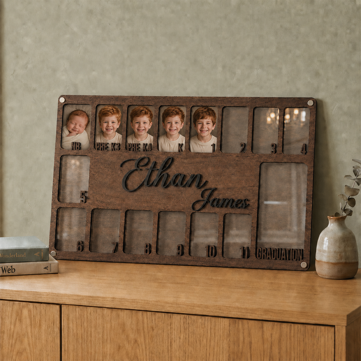 🌿 Personalized Newborn to Graduation School Years Photo Frame | Custom Wooden Kids Growth Picture Frame with Name