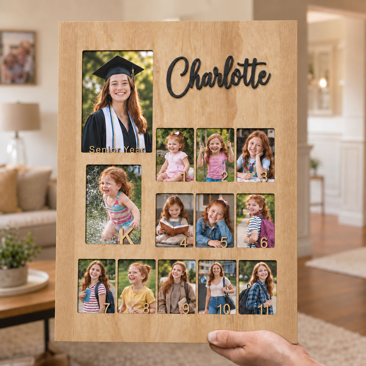 🎓 Personalized K–12 School Years Photo Frame  | Custom Name & Graduation Year Wooden Picture Collage