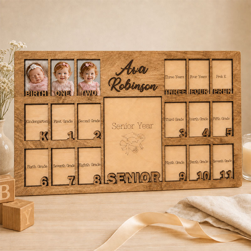 🌿 Personalized Birth-to-Senior School Years Photo Frame | Custom Name Wooden Childhood Growth Keepsake
