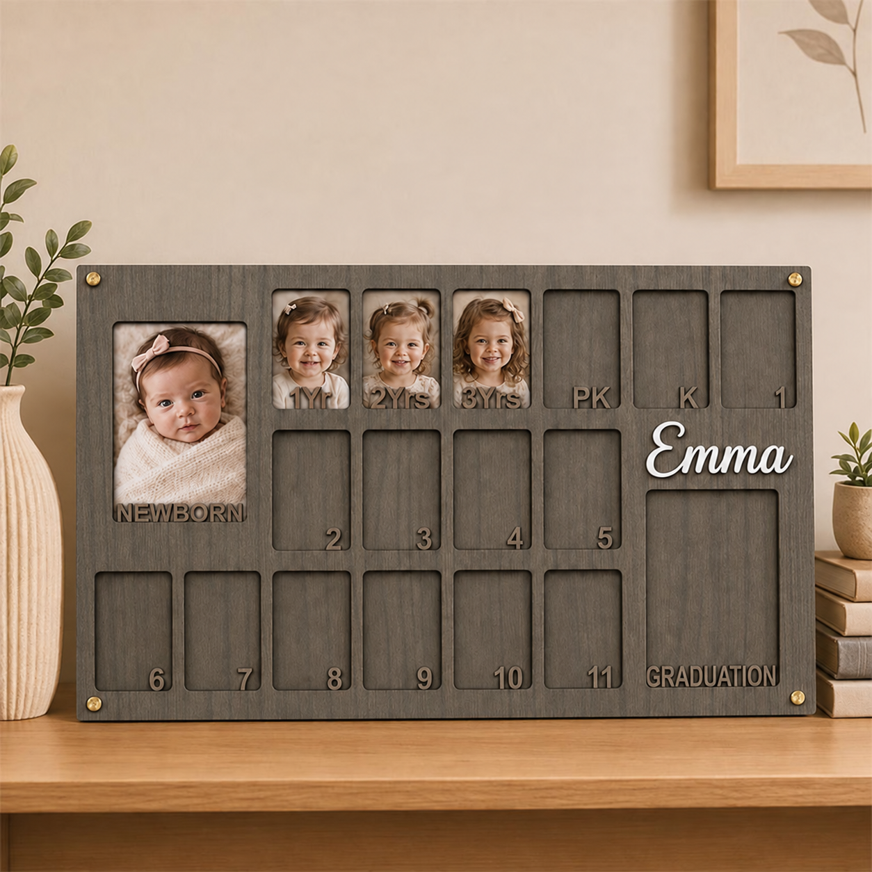 📸 Personalized Baby to Graduation Photo Frame | Custom Name Newborn to Senior Year Wooden Growth Keepsake