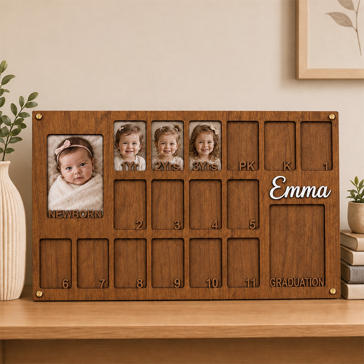 📸 Personalized Baby to Graduation Photo Frame | Custom Name Newborn to Senior Year Wooden Growth Keepsake