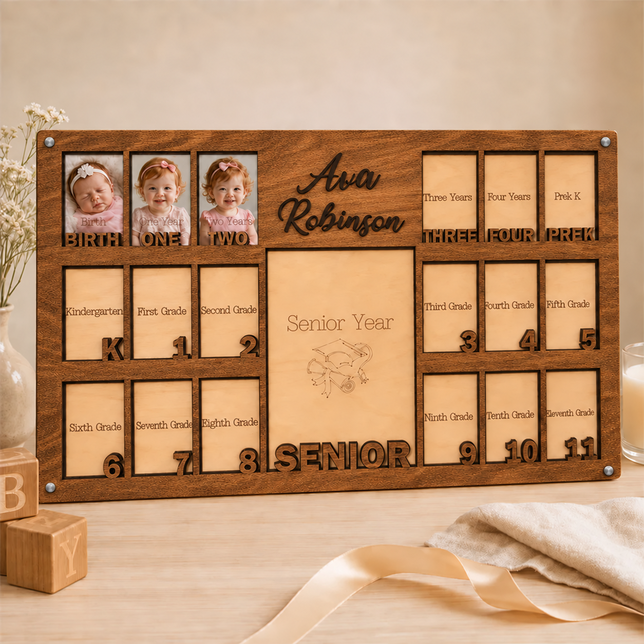 🌿 Personalized Birth-to-Senior School Years Photo Frame | Custom Name  Childhood Growth Keepsake