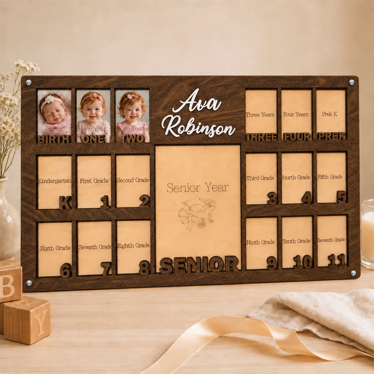 🌿 Personalized Birth-to-Senior School Years Photo Frame | Custom Name  Childhood Growth Keepsake