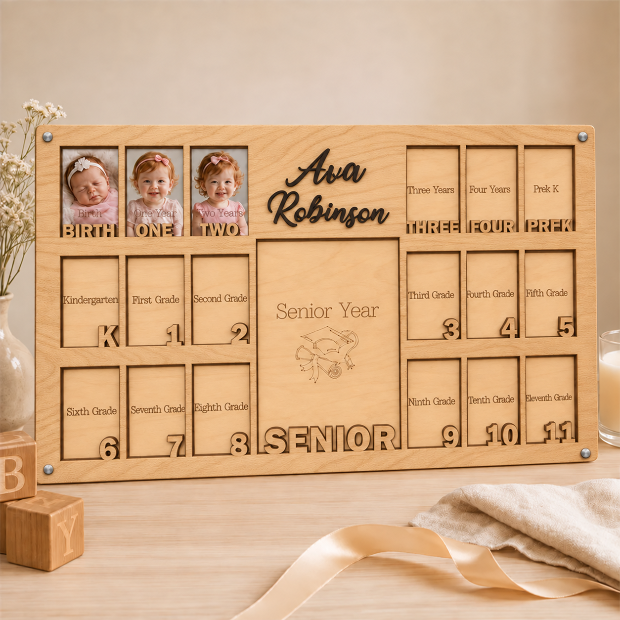 🌿 Personalized Birth-to-Senior School Years Photo Frame | Custom Name  Childhood Growth Keepsake