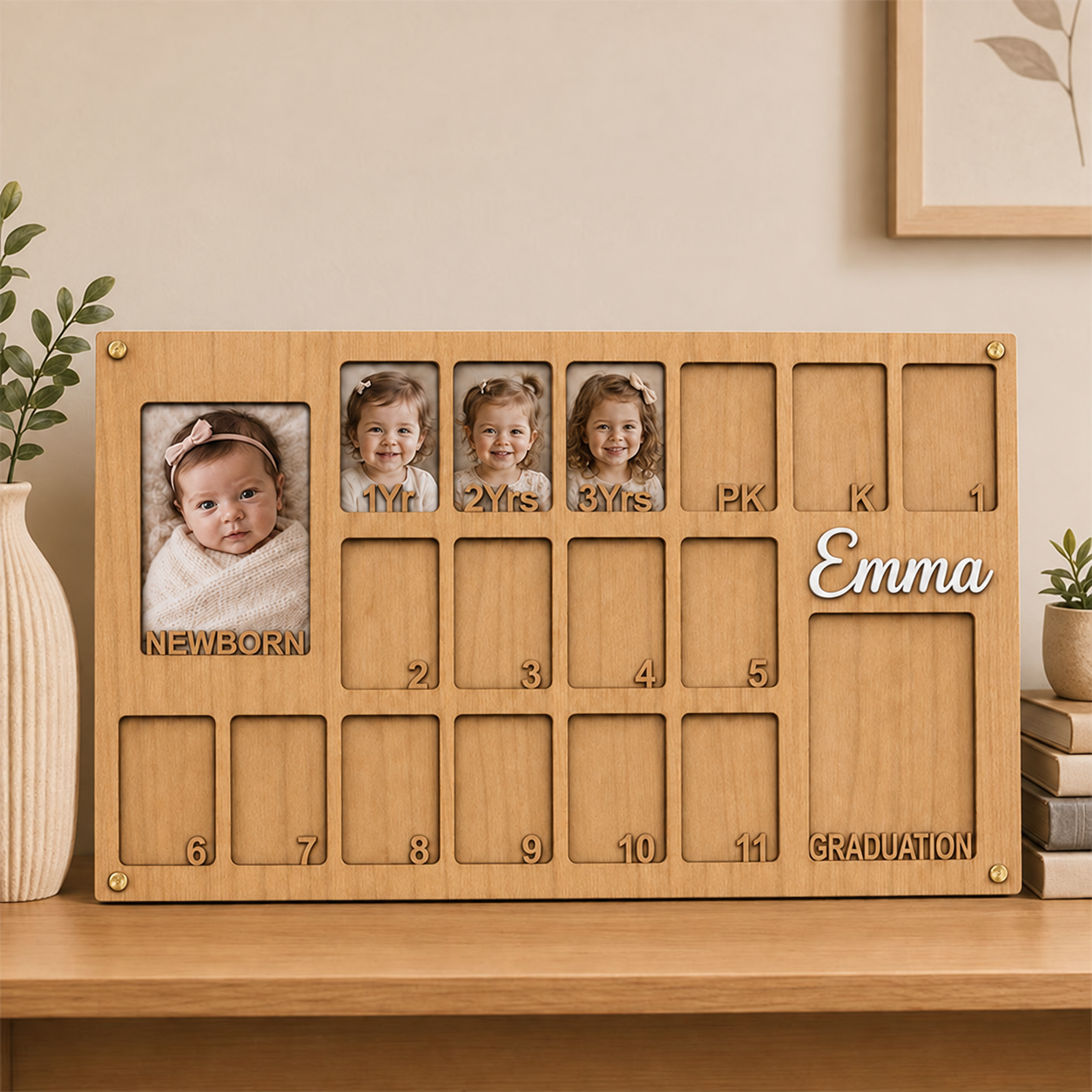 📸 Personalized Baby to Graduation Photo Frame | Custom Name Newborn to Senior Year Wooden Growth Keepsake