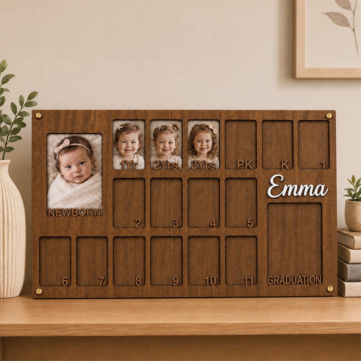 📸 Personalized Baby to Graduation Photo Frame | Custom Name Newborn to Senior Year Wooden Growth Keepsake