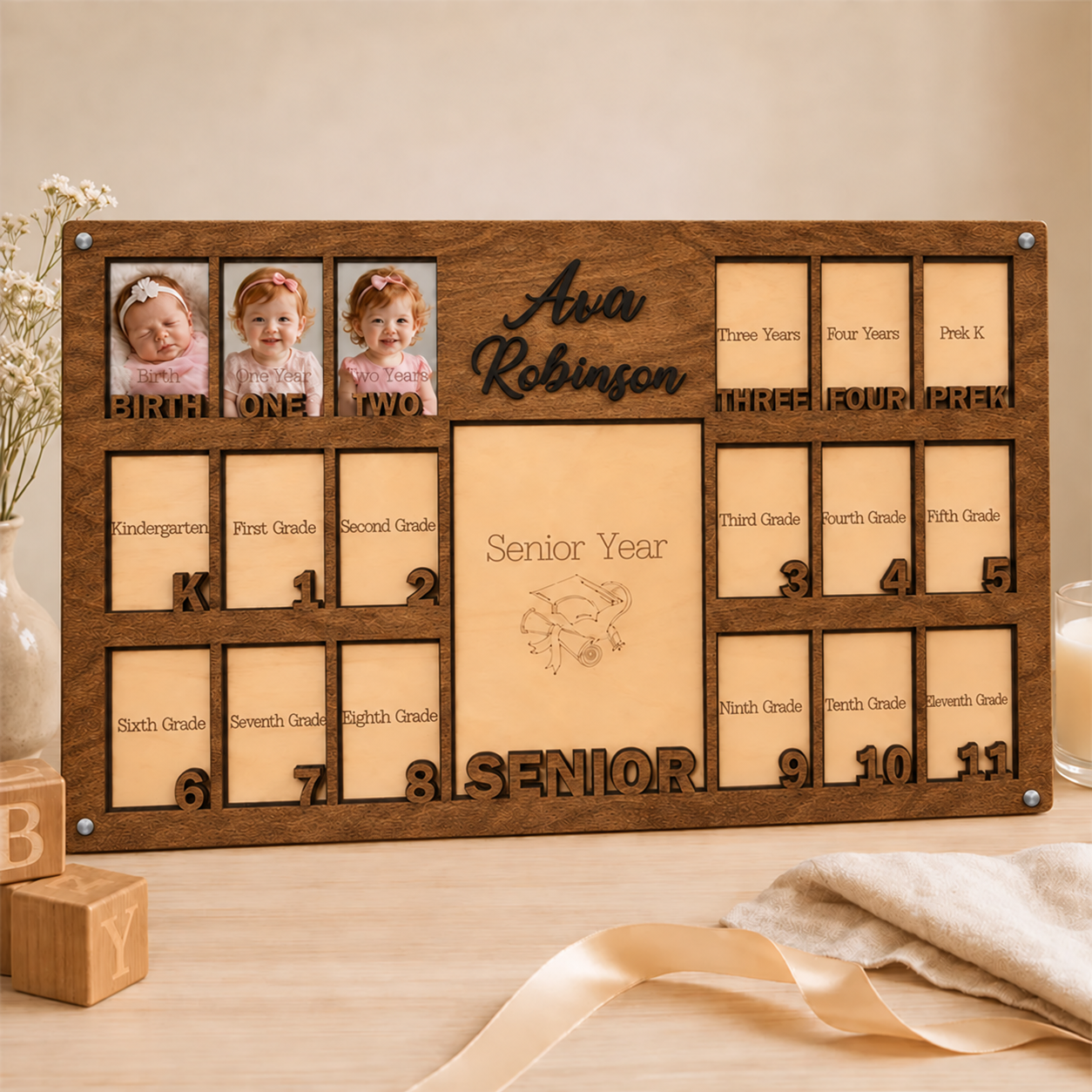 🌿 Personalized Birth-to-Senior School Years Photo Frame | Custom Name  Childhood Growth Keepsake