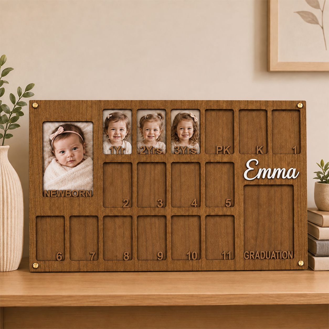 📸 Personalized Baby to Graduation Photo Frame | Custom Name Newborn to Senior Year Wooden Growth Keepsake