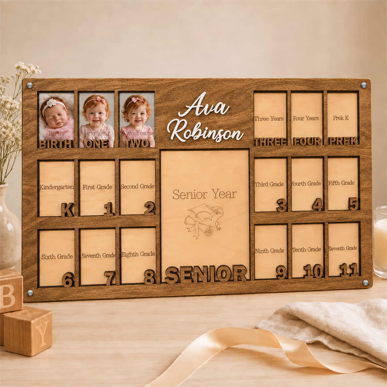 🌿 Personalized Birth-to-Senior School Years Photo Frame | Custom Name  Childhood Growth Keepsake