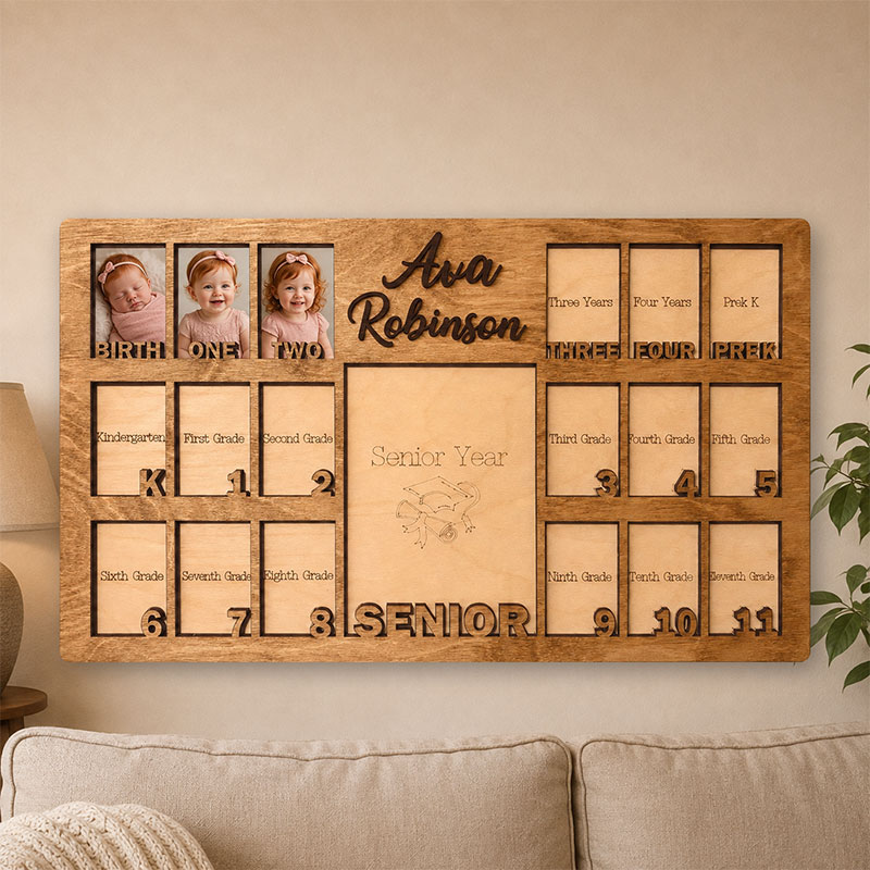 🌿 Personalized Birth-to-Senior School Years Photo Frame | Custom Name Wooden Childhood Growth Keepsake