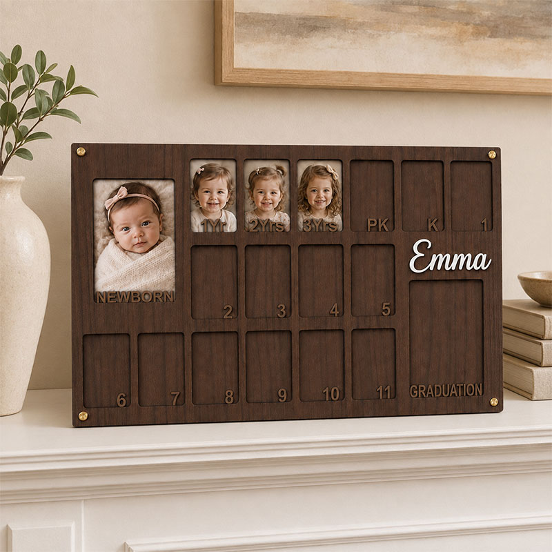 📸 Personalized Baby to Graduation Photo Frame | Custom Name Newborn to Senior Year Wooden Growth Keepsake