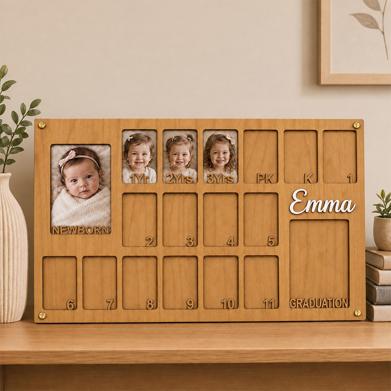 📸 Personalized Baby to Graduation Photo Frame | Custom Name Newborn to Senior Year Wooden Growth Keepsake