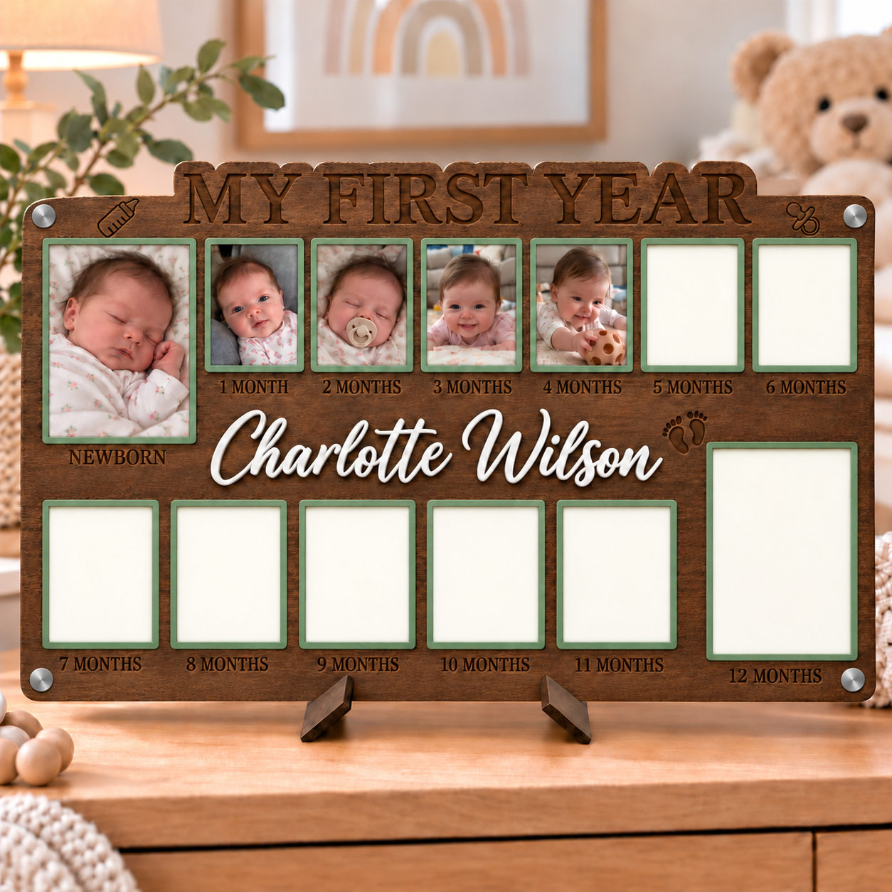 🌱Personalized Baby’s First Year Photo Frame | Custom Name Milestone Collage for Newborn to 12 Months
