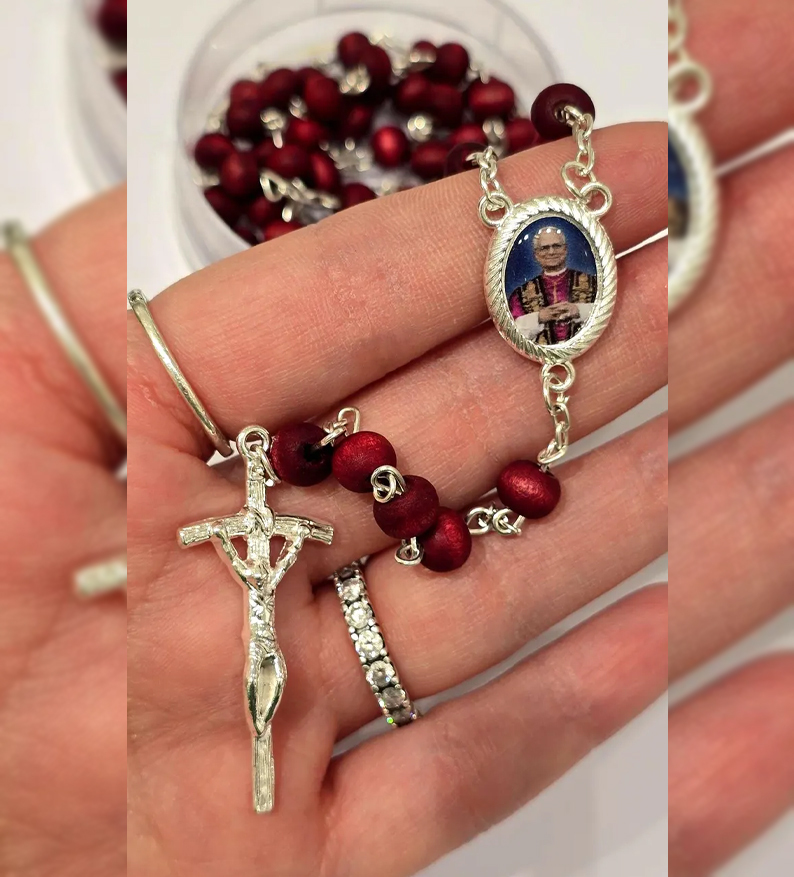 Pope Leo XIV Red Rose Petals Scented Wooden Rosary