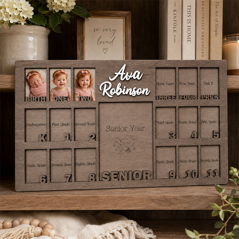 🌿 Personalized Birth-to-Senior School Years Photo Frame | Custom Name Wooden Childhood Growth Keepsake