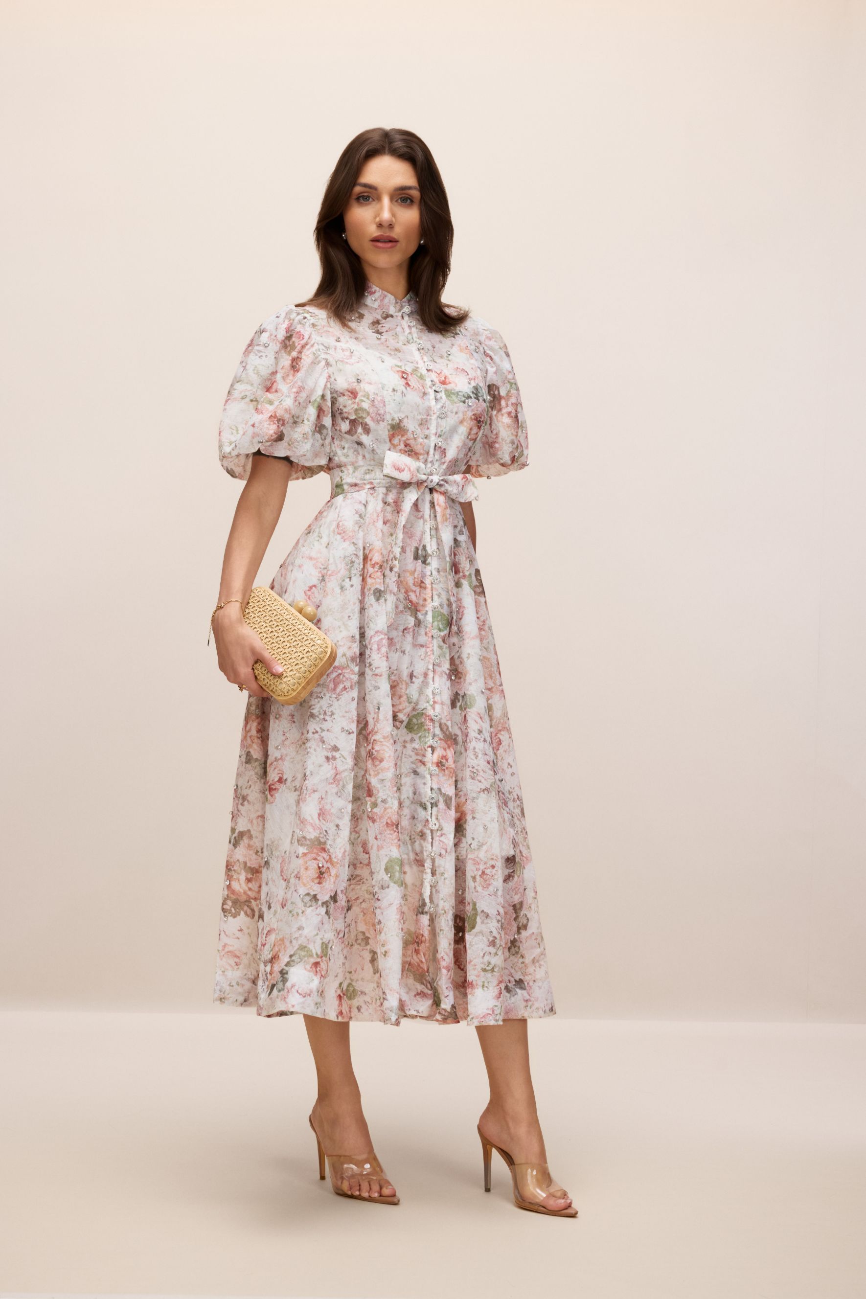 Serena Floral Print Puff Sleeve Midi Dress