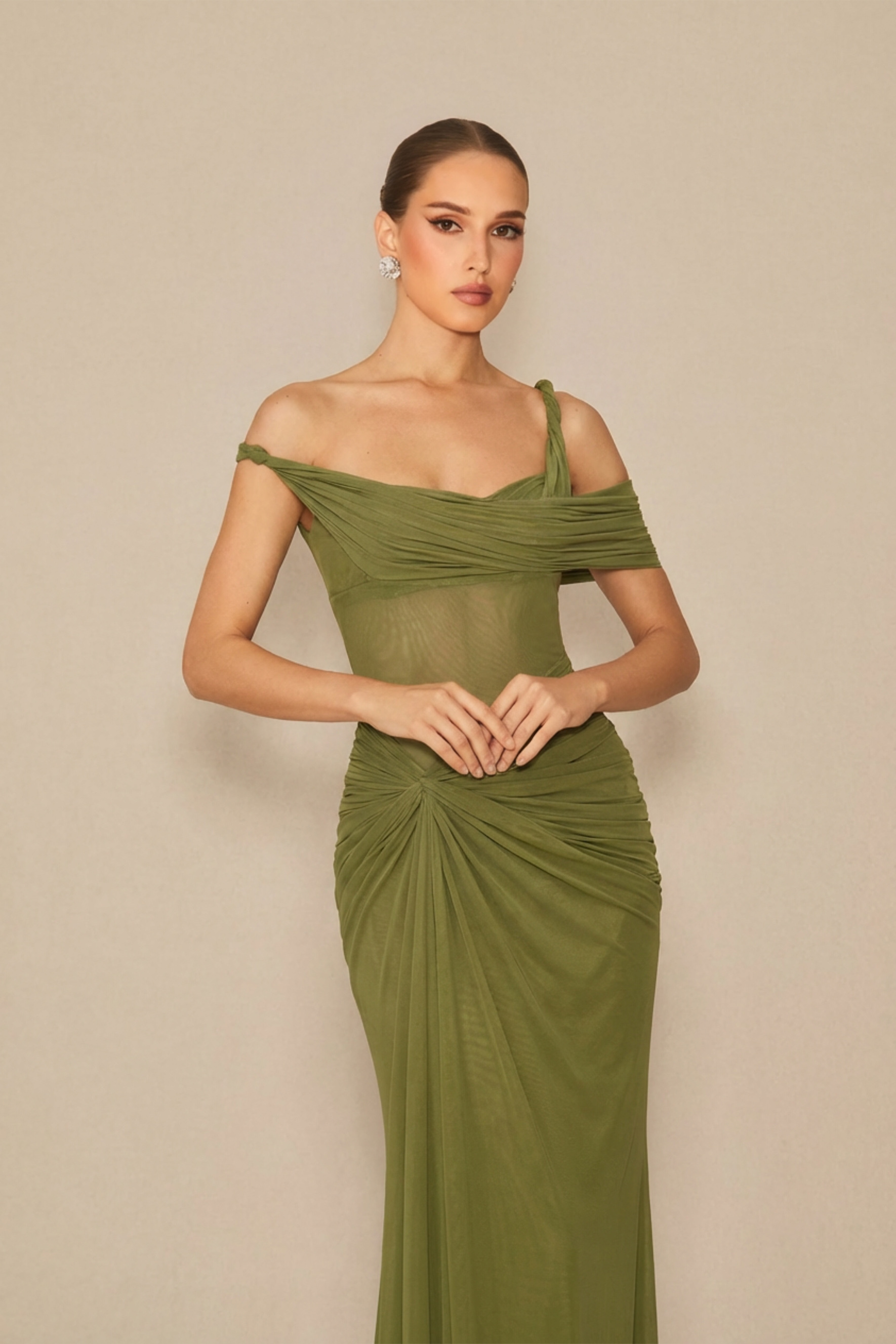 Date Me Darling Olive Asymmetric Off Shoulder Maxi Dress