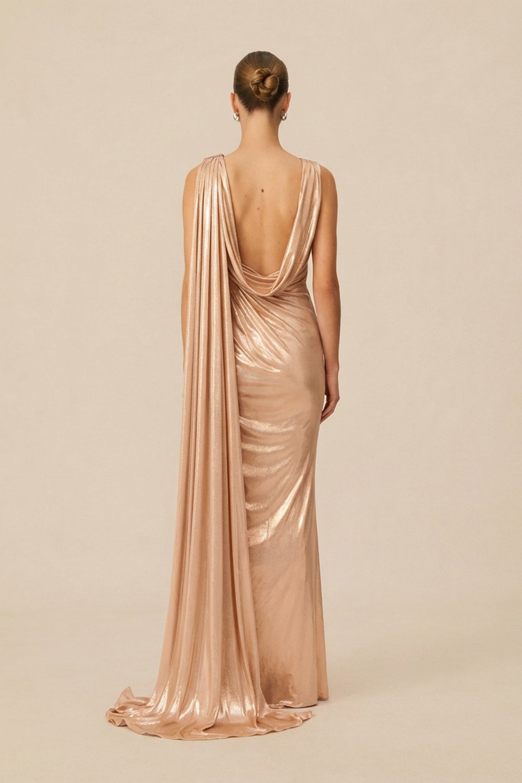 Beautiful Evenings Gold Asymmetric Draped Cape Maxi Dress