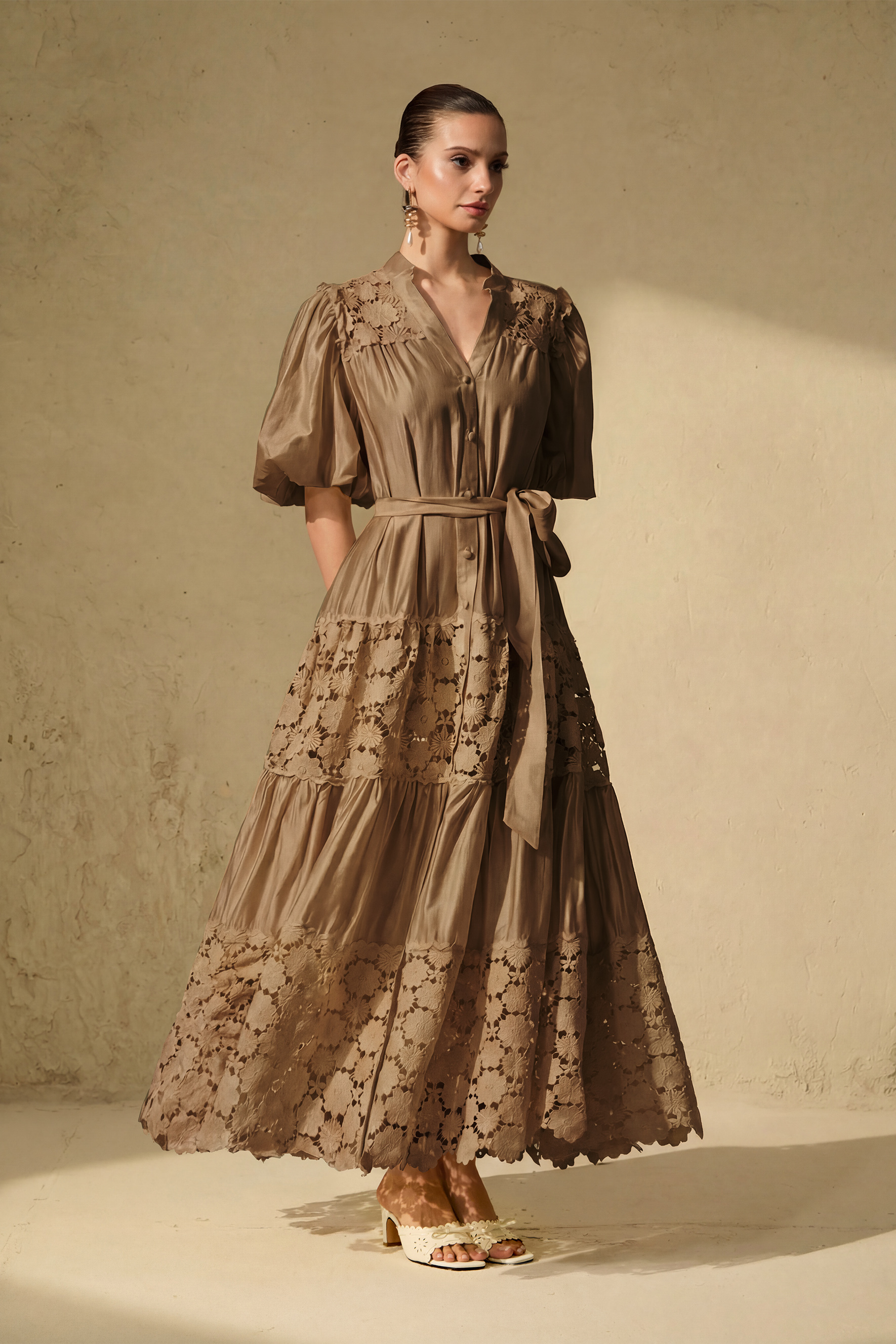 Chic Reverie Puff Sleeve Floral Lace Maxi Dress