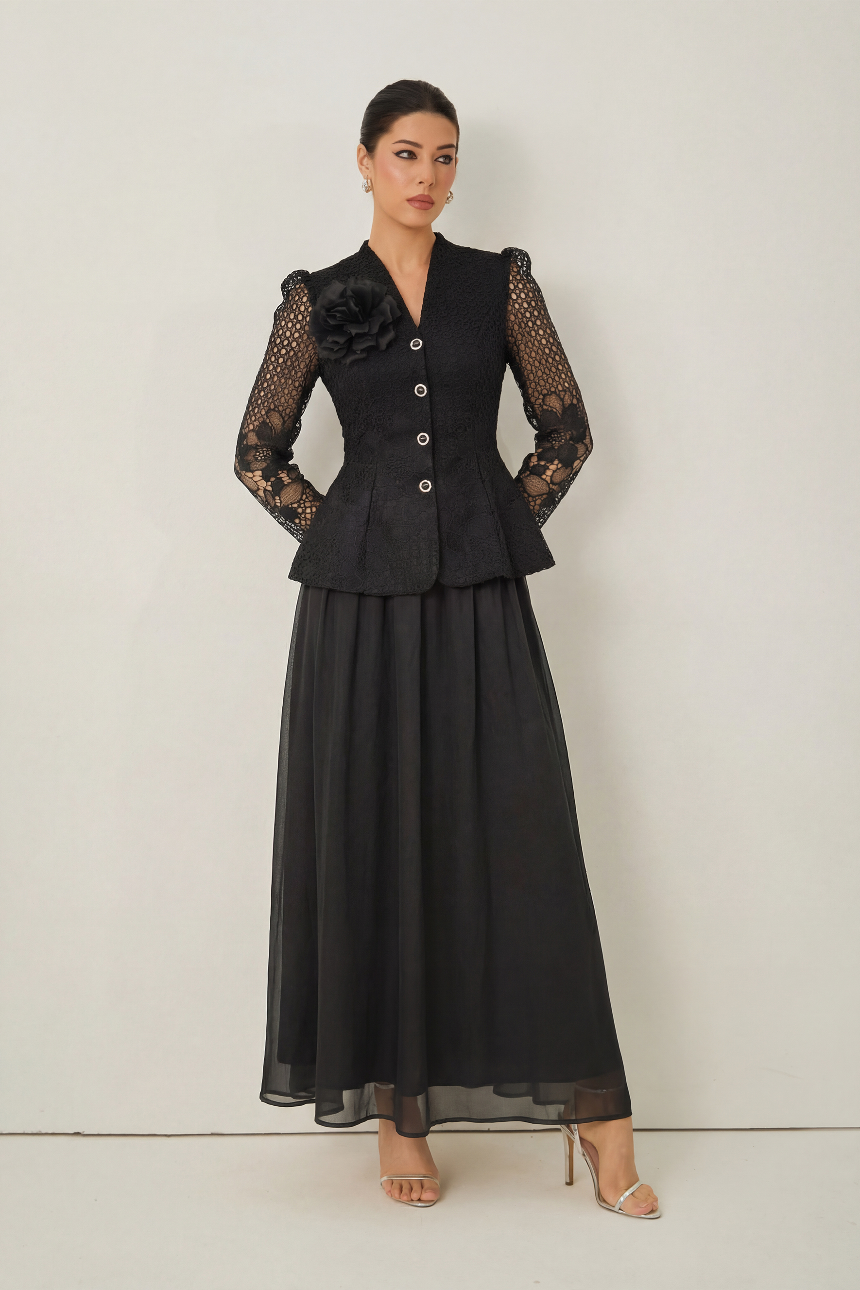 Evenings of Elegance Black Floral Embroidery Sheer Sleeve Top & Skirt Set