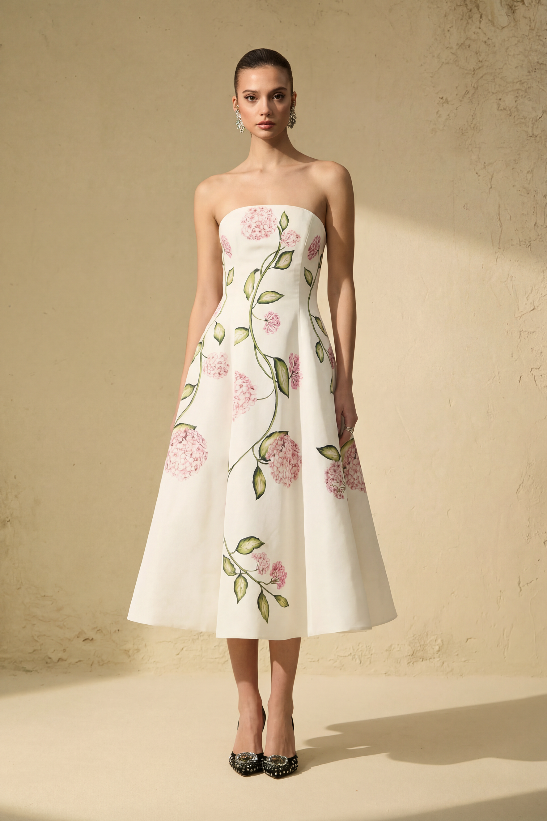 Beauty Hours White Floral Print Strapless Midi Dress