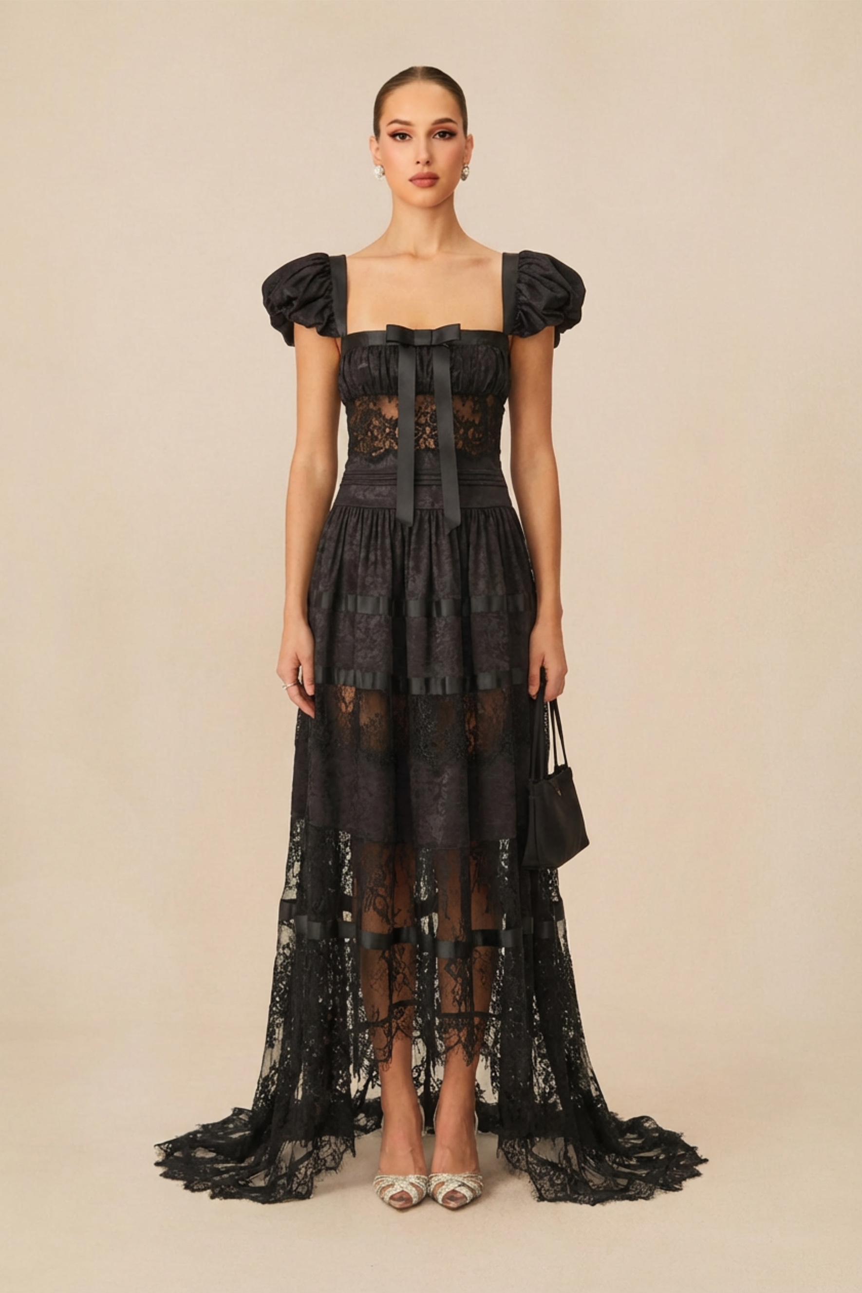 Luxury Mystical Black Puff Seeve Lace Panel Maxi Dress