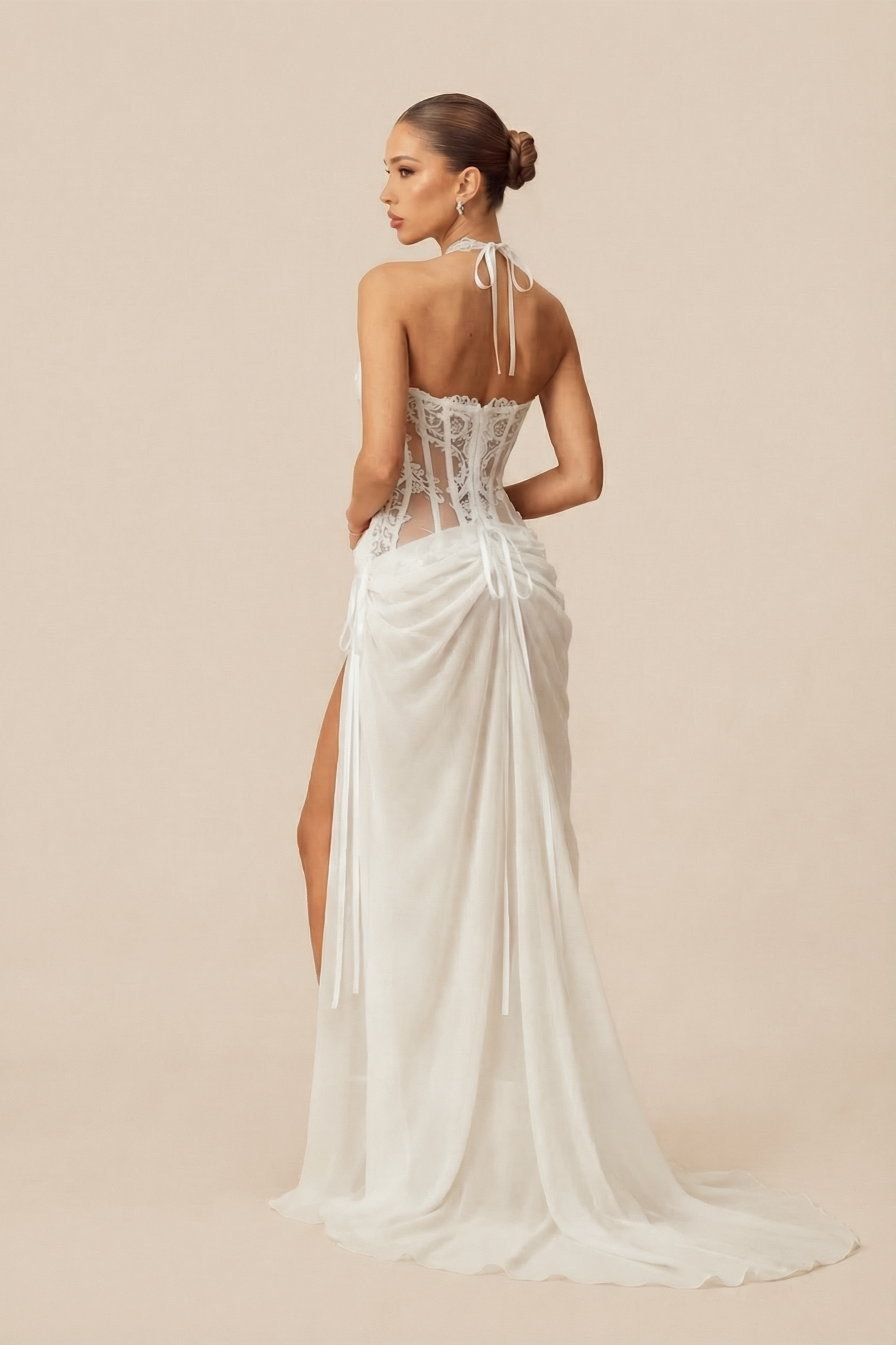 Sultry Persona White Lace Corset High Slit Maxi Dress