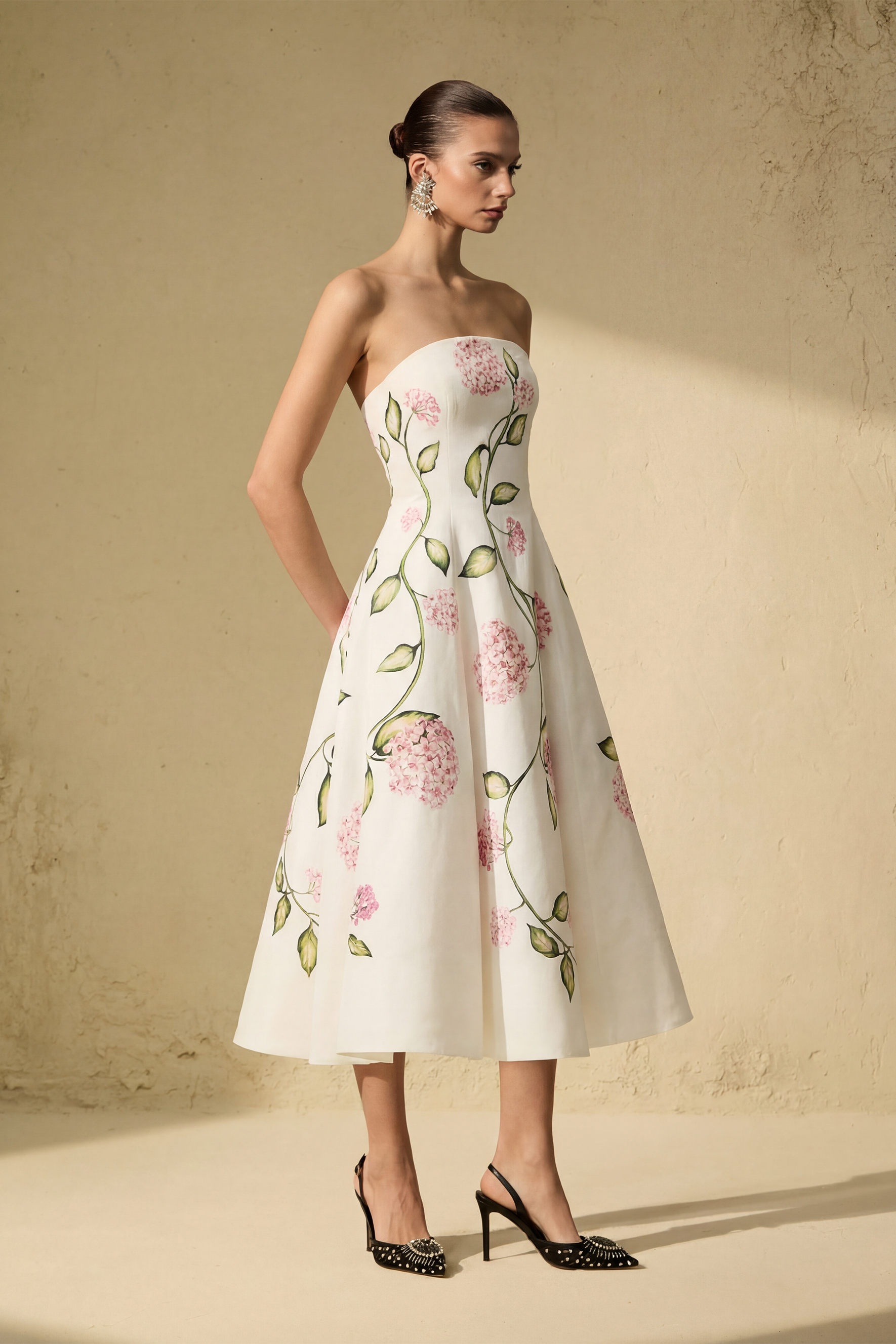 Beauty Hours White Floral Print Strapless Midi Dress