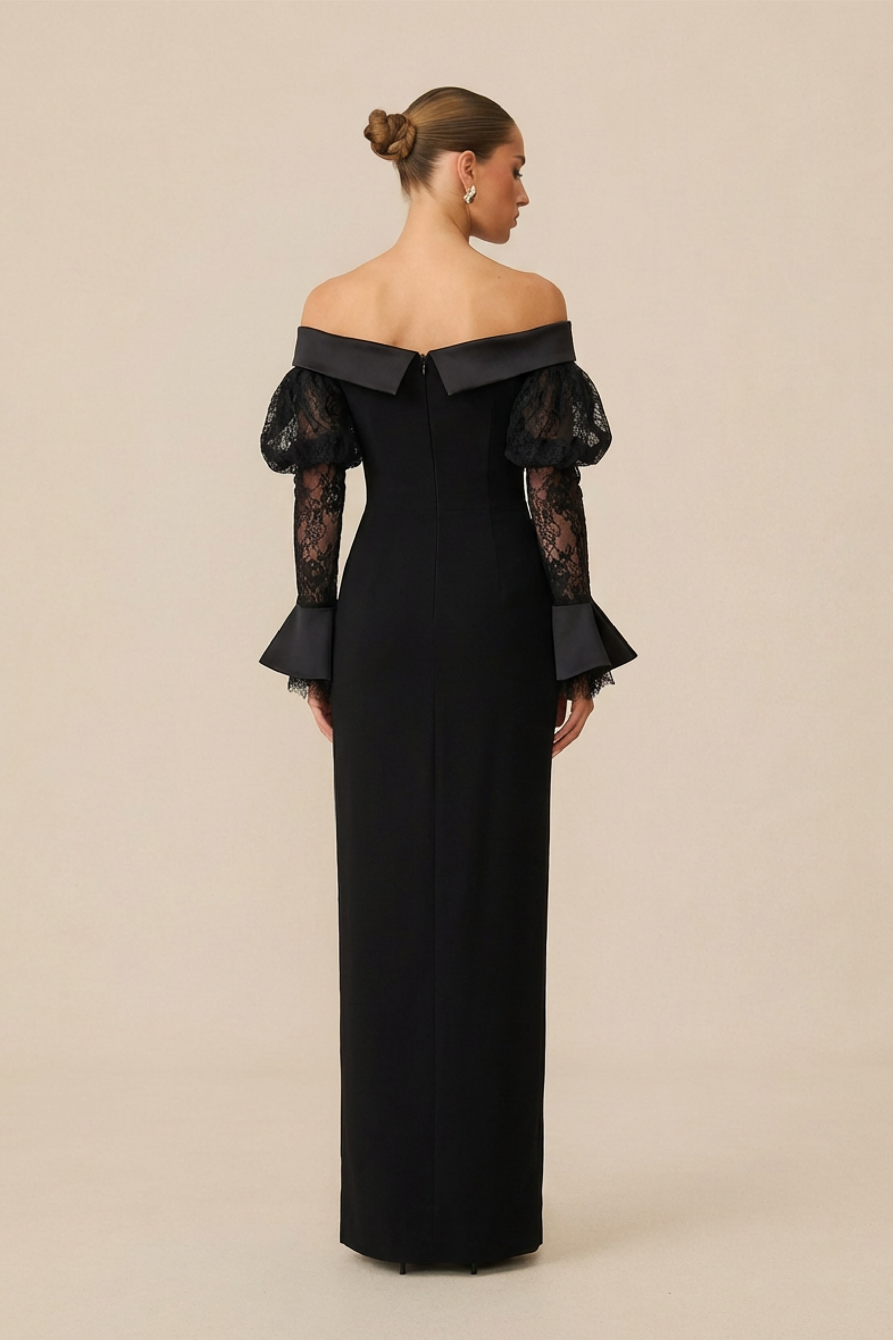 Subtle Allure Black Off Shoulder Lace Sleeve Maxi Dress