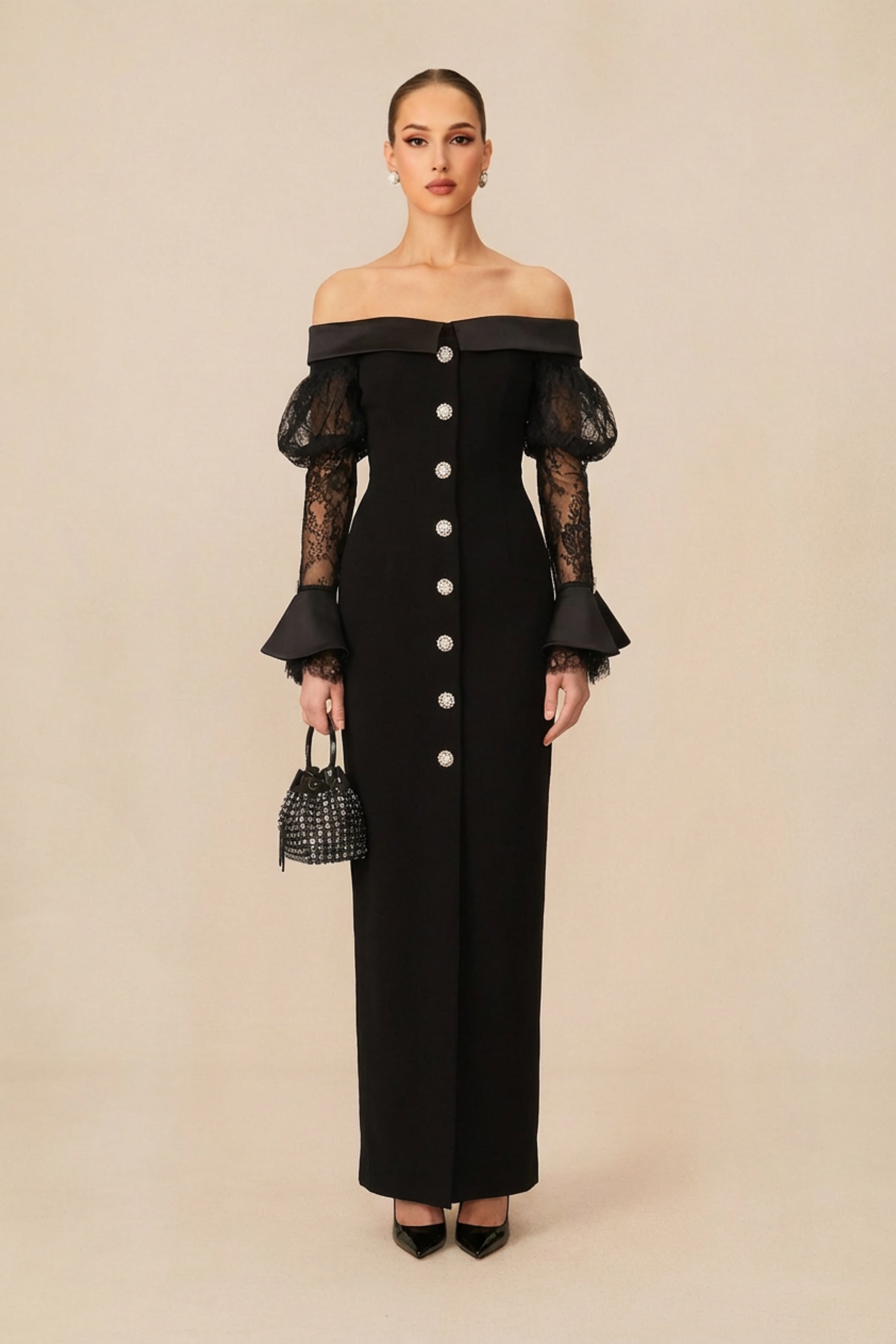 Subtle Allure Black Off Shoulder Lace Sleeve Maxi Dress