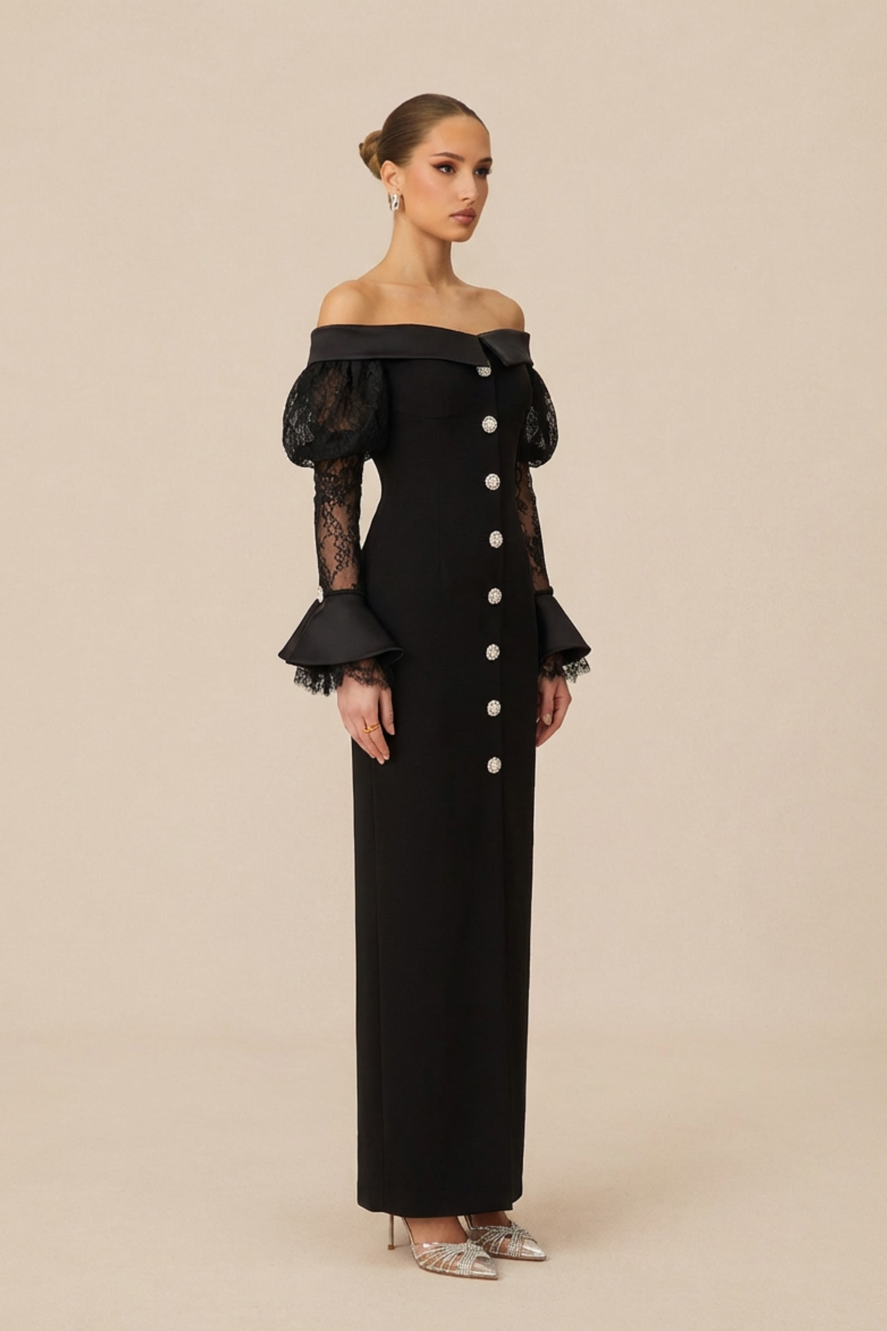 Subtle Allure Black Off Shoulder Lace Sleeve Maxi Dress