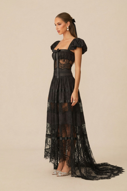 Luxury Mystical Black Puff Seeve Lace Panel Maxi Dress