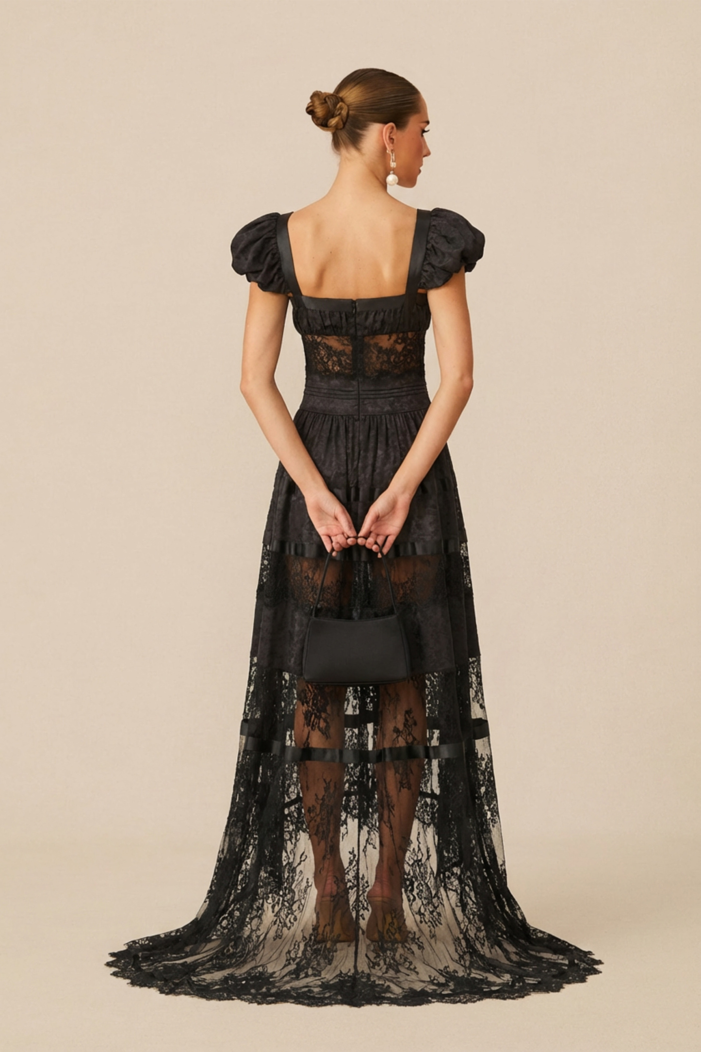 Luxury Mystical Black Puff Seeve Lace Panel Maxi Dress