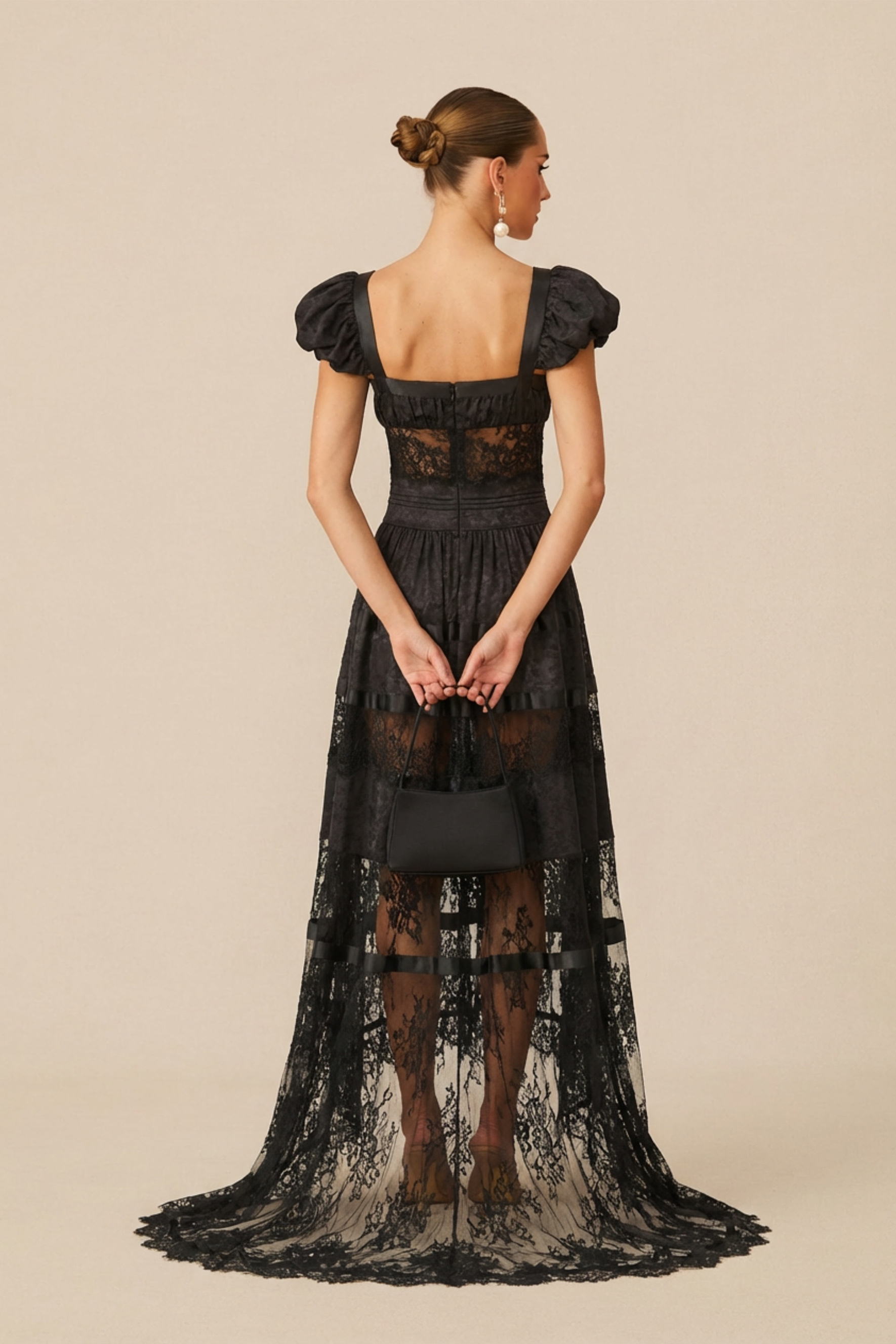 Luxury Mystical Black Puff Seeve Lace Panel Maxi Dress