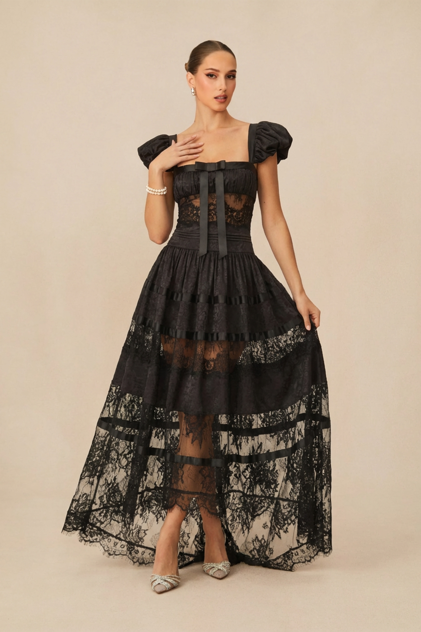 Luxury Mystical Black Puff Seeve Lace Panel Maxi Dress