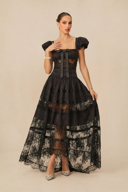 Luxury Mystical Black Puff Seeve Lace Panel Maxi Dress