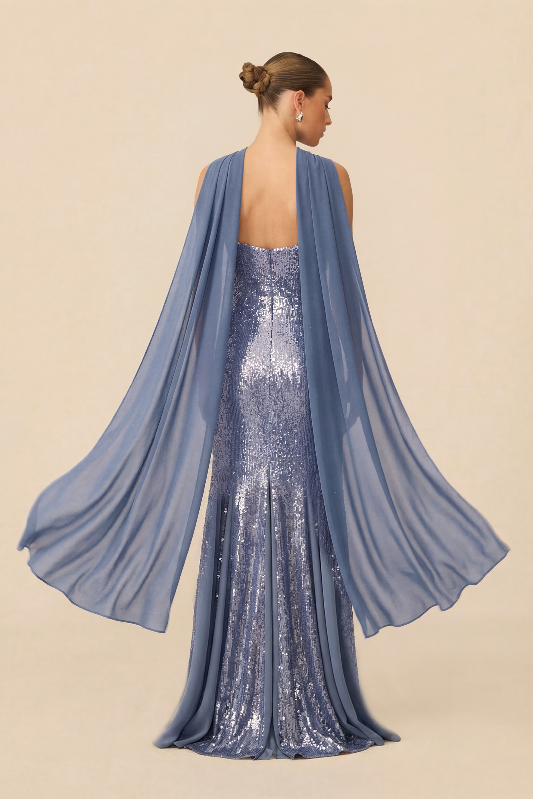 Glimmer Game Blue Sequin Strapless Dress With Chiffon Scarf