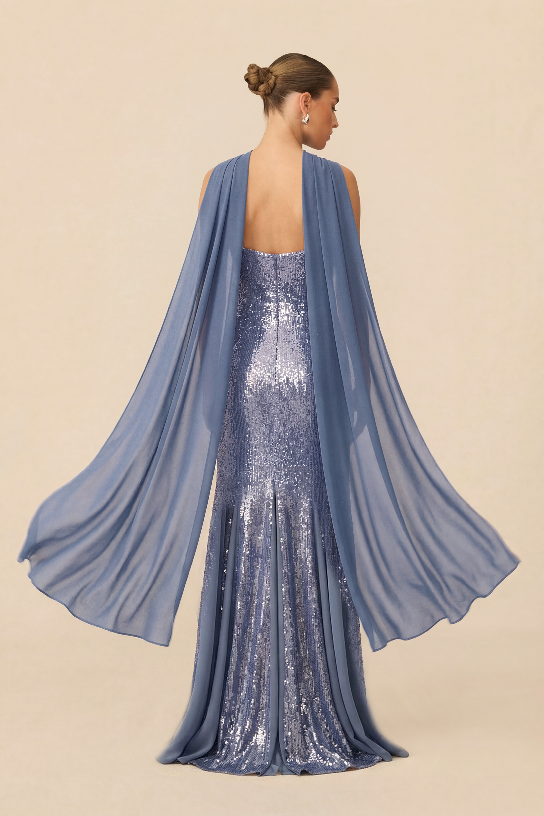 Glimmer Game Blue Sequin Strapless Dress With Chiffon Scarf