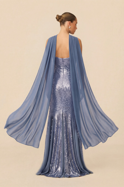 Glimmer Game Blue Sequin Strapless Dress With Chiffon Scarf