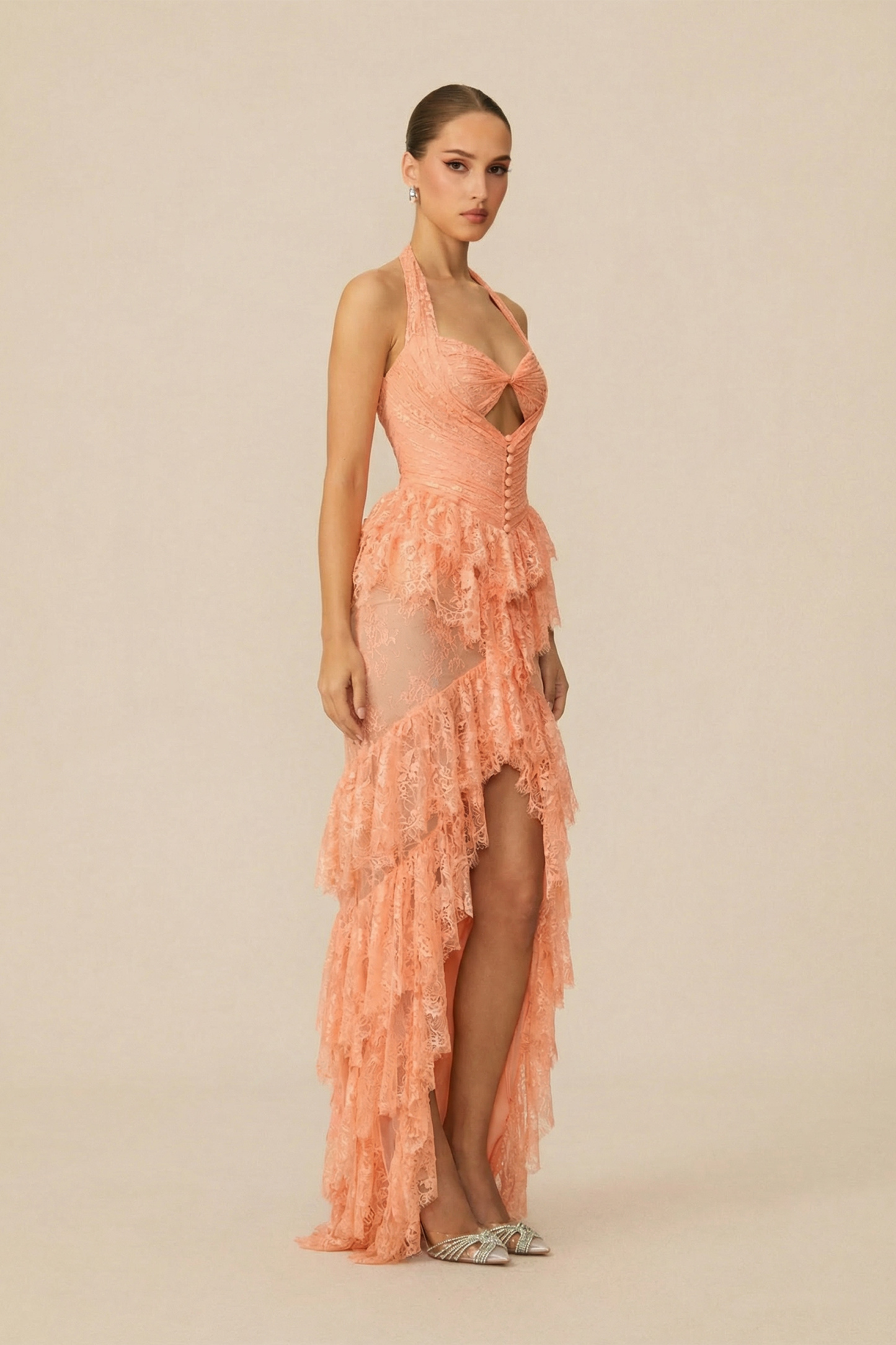 Beautiful Soul Coral Orange Halter Neck Tiered Ruffle Maxi Dress
