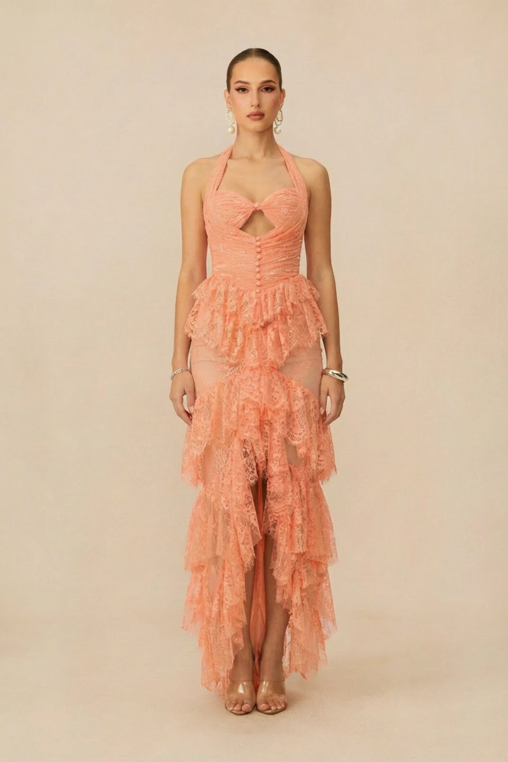Beautiful Soul Coral Orange Halter Neck Tiered Ruffle Maxi Dress