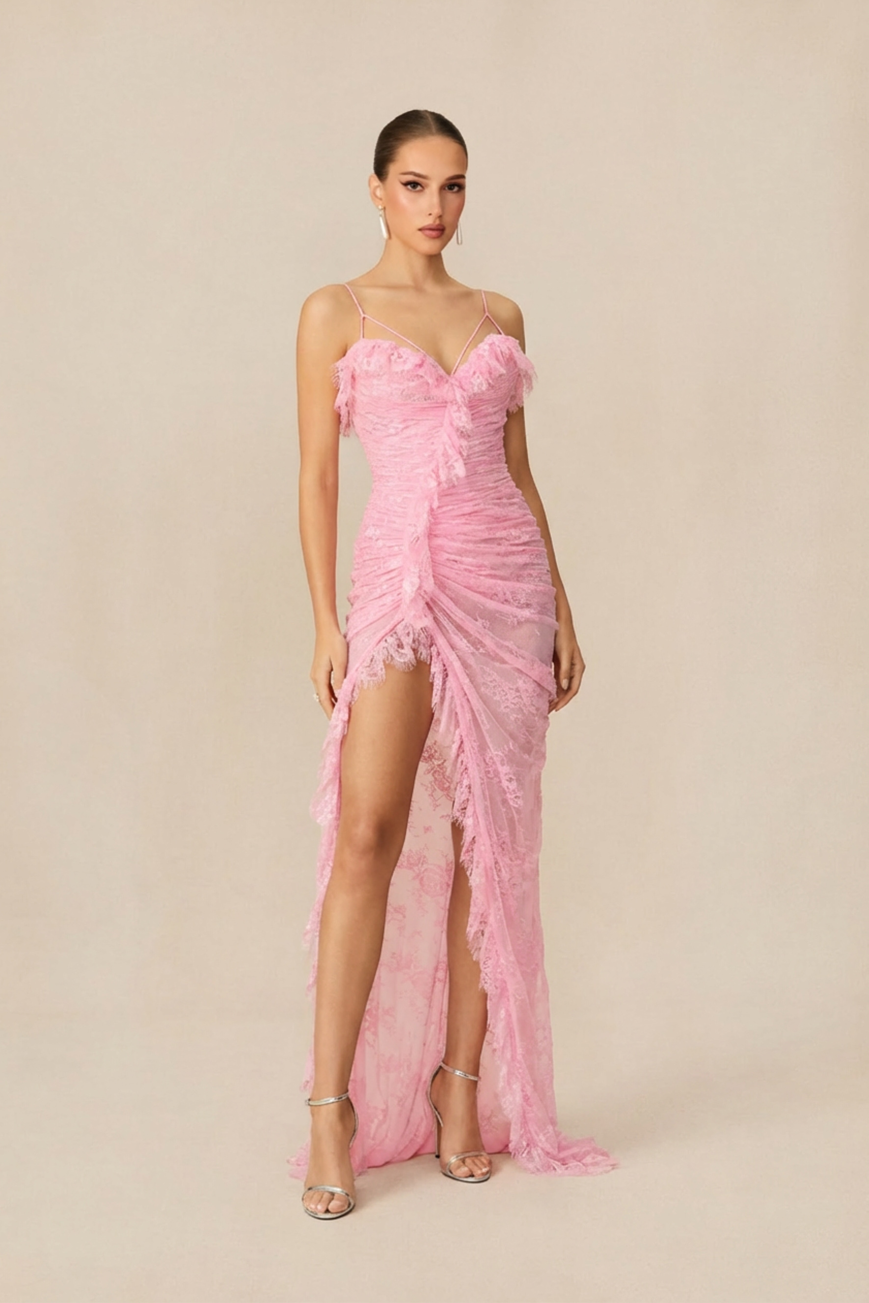 Spellbound By You Pink Spaghetti Strap High Slit Lace Maxi Dress