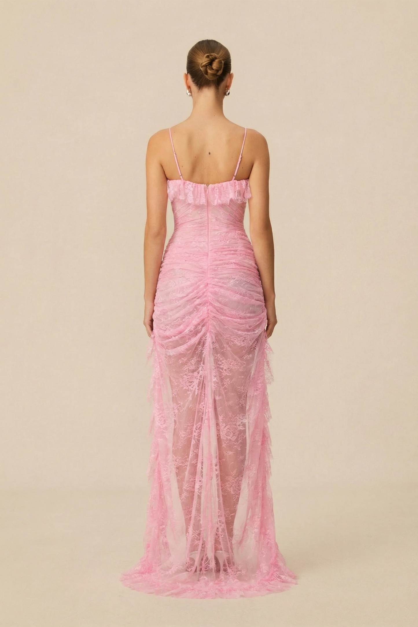 Spellbound By You Pink Spaghetti Strap High Slit Lace Maxi Dress