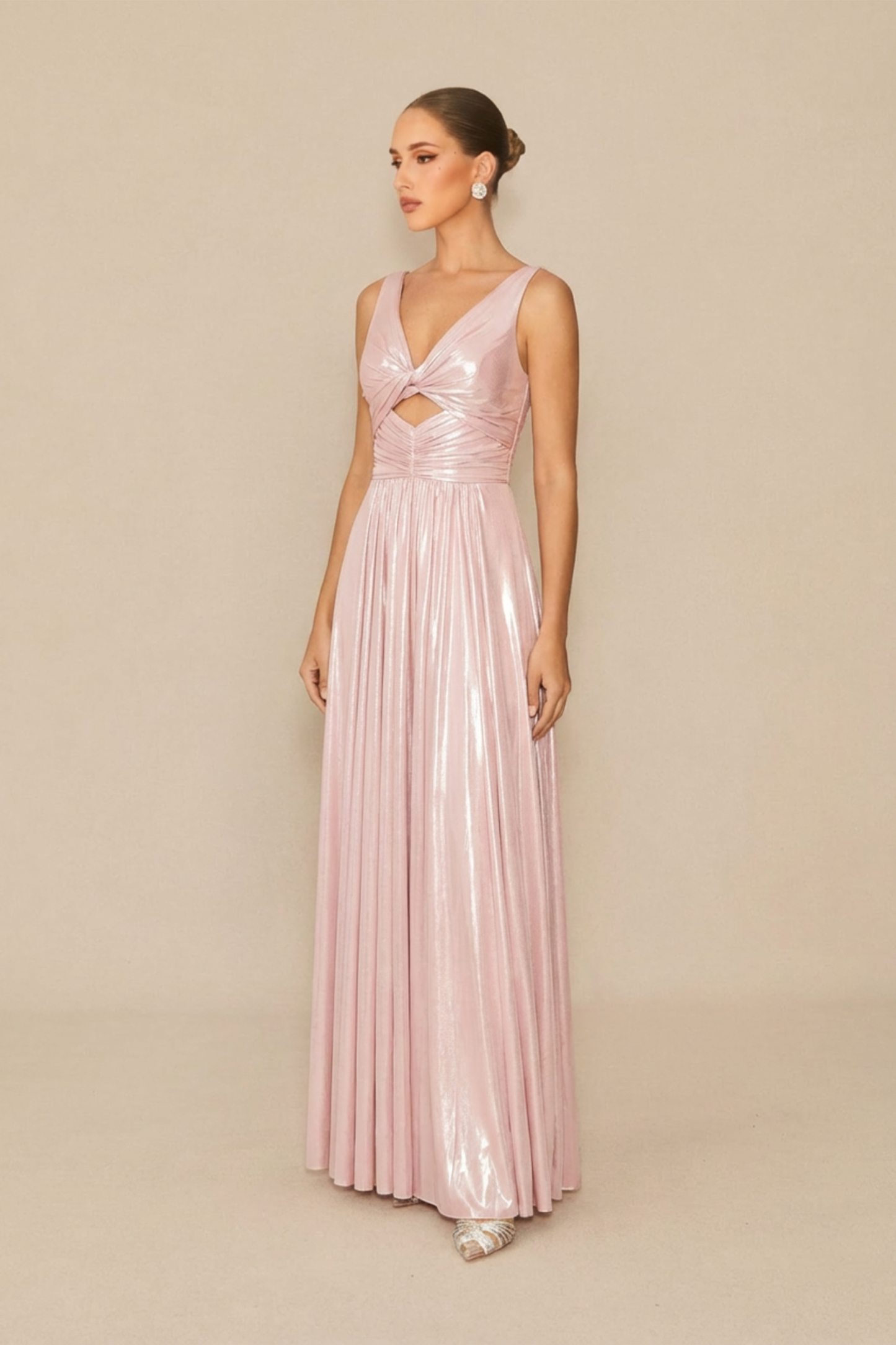 Candlelight Dream Pink Metallic Twisted Bodice Maxi Dress