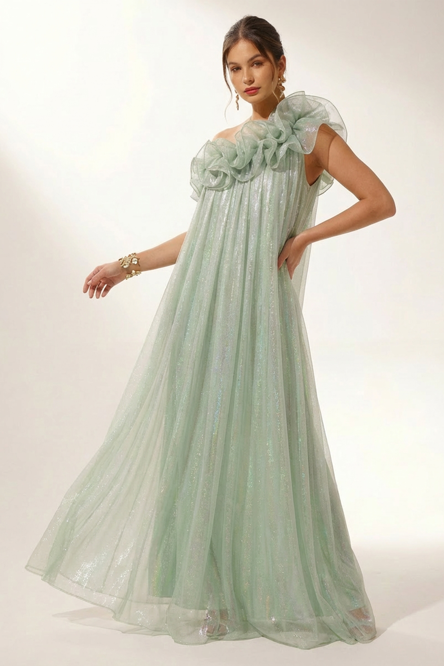 Glorious Invite Green One-shoulder Floral Maxi Dress